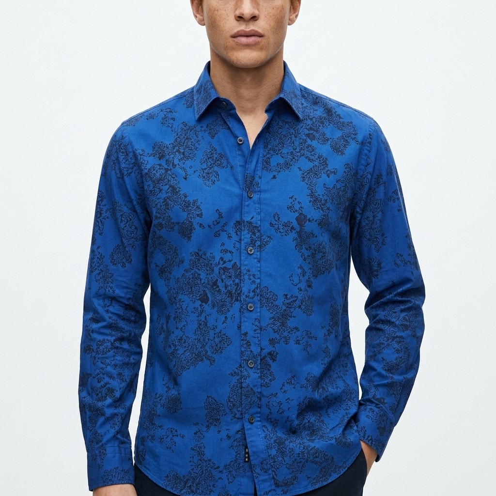 Massimo Dutti 0122 Blue Patterned Button-Up Shirt Men Size L
